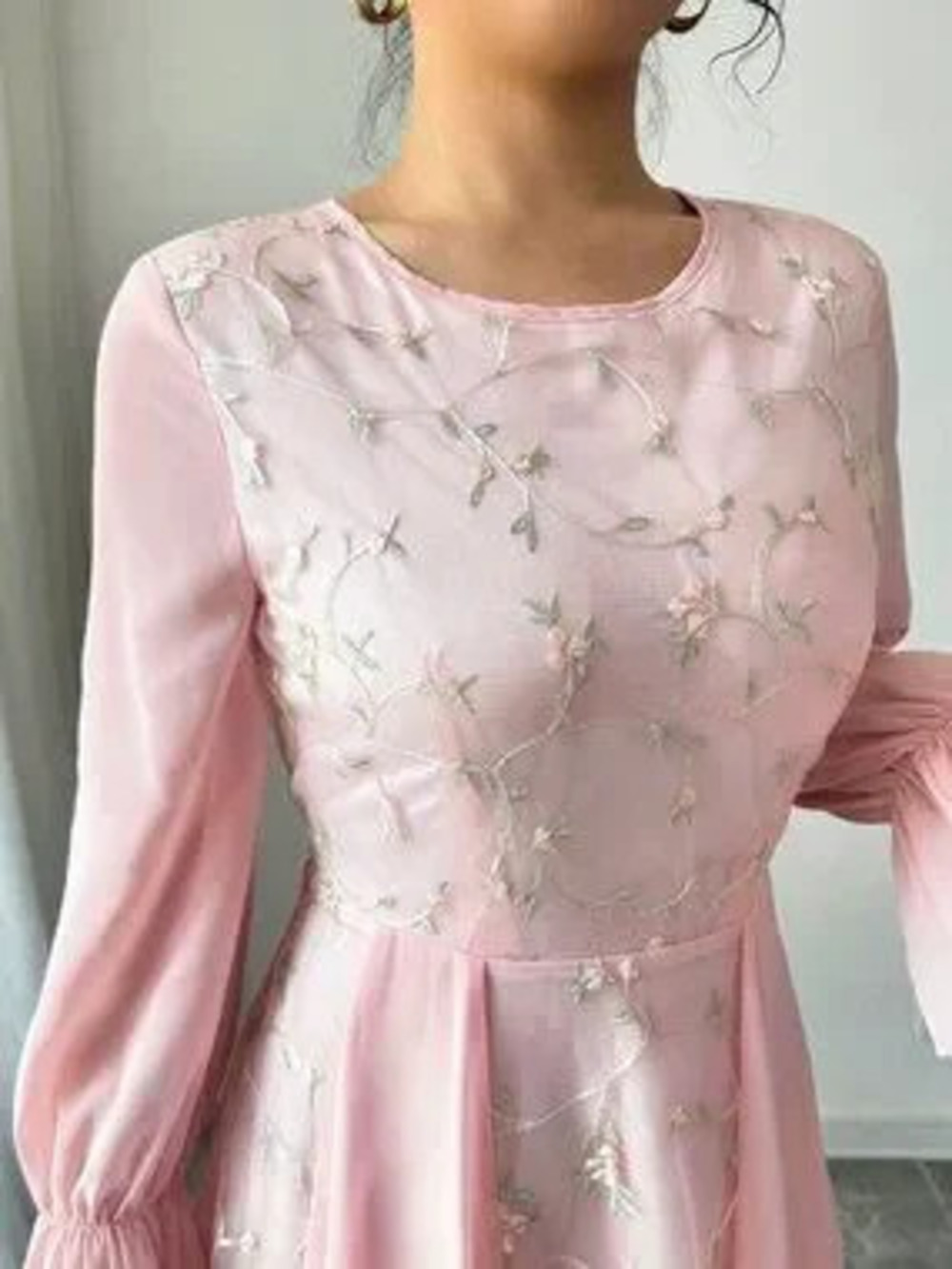 ZARA Pink Elegant Mesh Embroidered Patchwork Chiffon Flare Sleeve Women's Dress